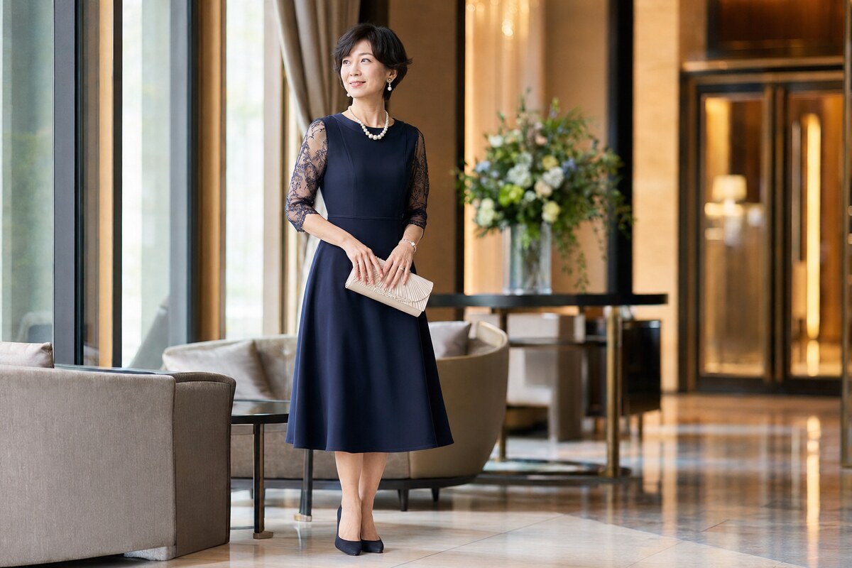 極美品✨ フォクシー バックティアードドレス ワンピース 近年モデル ネイビー 50代の結婚式にフォクシー（FOXEY）ワンピースが最適な理由！選び方と