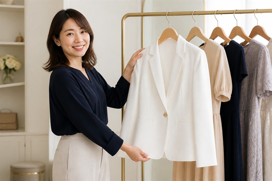白ジャケットを紹介するBrista STAFF