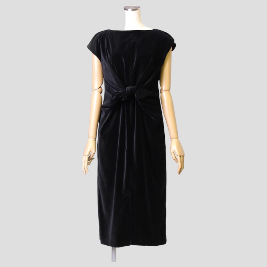 ベルベット リボンタイ フレンチスリーブ ドレス（Mサイズ / ブラック